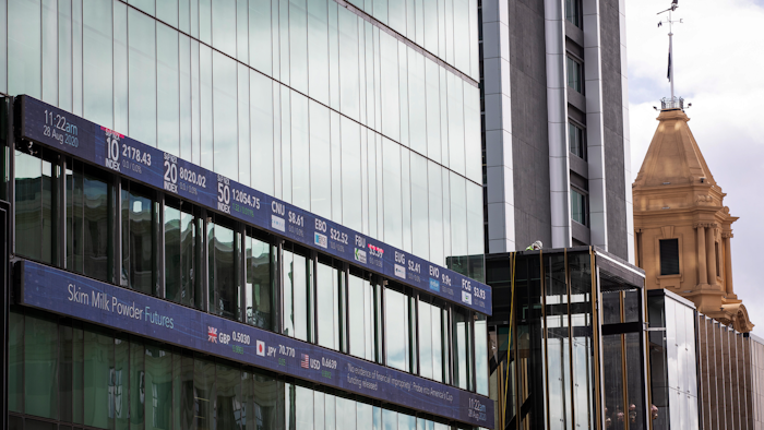 The New Zealand Stock Exchange board on the side of Jarden Building, Auckland, Aug. 28, 2020.