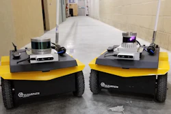 The two robots used in the experiments are identically equipped, with the exception of Velodyne VLP-16 LiDAR (left) and Ouster OS1 LiDAR (right).