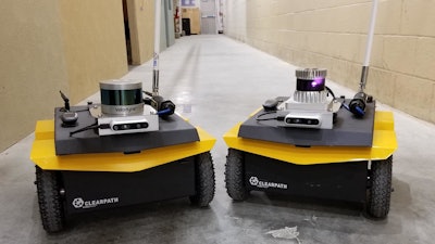 The two robots used in the experiments are identically equipped, with the exception of Velodyne VLP-16 LiDAR (left) and Ouster OS1 LiDAR (right).