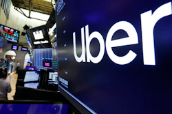 The logo for Uber above a trading post on the floor of the New York Stock Exchange, Aug. 9, 2019.