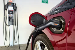 A Chevrolet Volt hybrid car charging.