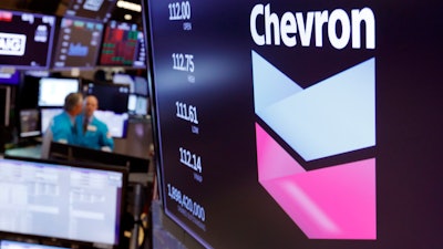 Chevron logo above a trading post on the floor of the New York Stock Exchange, Oct. 8, 2019.