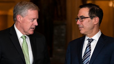 Treasury Secretary Steven Mnuchin and White House chief of staff Mark Meadows on Capitol Hill, Aug. 6, 2020.