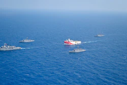 Turkish research vessel Oruc Reis, surrounded by Turkish navy vessels, Aug 10, 2020.