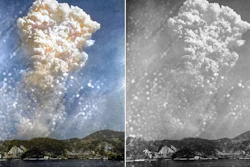 A digital colorization, left, by Anju Niwata and Hidenori Watanave, and original black and white file photo of smoke rising above Hiroshima, Japan, after the first atomic bomb was dropped, Aug. 6, 1945.