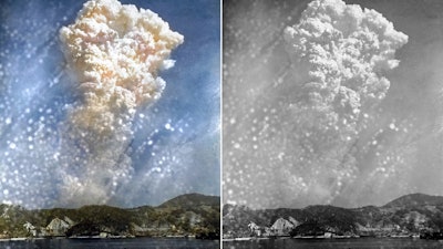 A digital colorization, left, by Anju Niwata and Hidenori Watanave, and original black and white file photo of smoke rising above Hiroshima, Japan, after the first atomic bomb was dropped, Aug. 6, 1945.