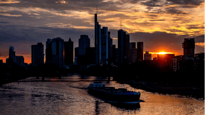 A cargo vessel on the river Main in Frankfurt, Germany, Aug. 14, 2020.
