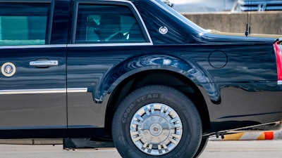 President Trump rides in 'the beast' on specially-made Goodyear tires, Joint Base Andrews, Suitland, MD on Aug. 14.