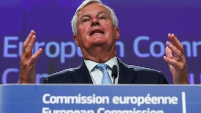 European Union chief Brexit negotiator Michel Barnier during a media conference in Brussels, Aug. 21, 2020.