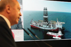 Turkish President Recep Tayyip Erdogan, with the drilling ship Fatih in the background, in Istanbul, Aug. 21, 2020.