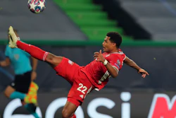 Serge Gnabry of Bayern Munich tries to control the ball during a match against Lyon, Jose Alvalade stadium, Lisbon, Aug. 19, 2020.