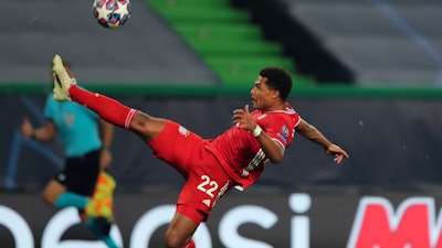 Serge Gnabry of Bayern Munich tries to control the ball during a match against Lyon, Jose Alvalade stadium, Lisbon, Aug. 19, 2020.