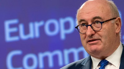 Phil Hogan, the European Commissioner for Agriculture at the time, during a media conference at EU headquarters in Brussels, April 8, 2019.