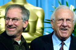 Steven Spielberg arrives with his father Arnold for the 25th annual nominees luncheon hosted by the Academy of Motion Picture Arts and Sciences, Beverly Hills, Calif., Feb. 13, 2006.