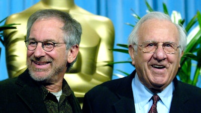 Steven Spielberg arrives with his father Arnold for the 25th annual nominees luncheon hosted by the Academy of Motion Picture Arts and Sciences, Beverly Hills, Calif., Feb. 13, 2006.