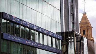 The New Zealand Stock Exchange board on the side of Jarden Building, Auckland, Aug. 28, 2020.