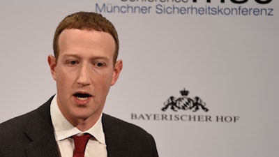 Facebook CEO Mark Zuckerberg speaks at the Munich Security Conference, Feb. 15, 2020.
