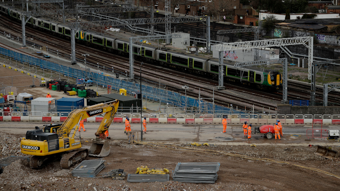 A train passes the construction site of the High Speed 2 rail line at Euston station in London, Feb. 11, 2020.