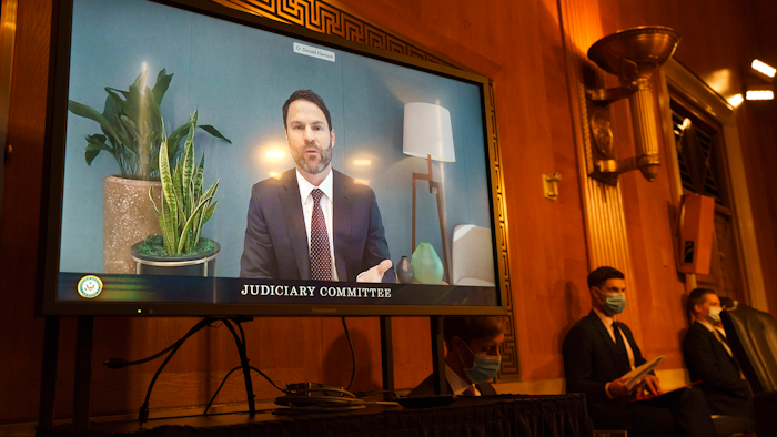 Donald Harrison, president of global partnerships and corporate development for Google, testifies via video conference on Capitol Hill, Sept. 15, 2020.