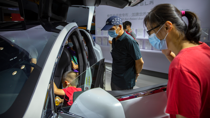 A Tesla vehicle on display at the China International Fair for Trade in Services in Beijing, Sept. 5, 2020.