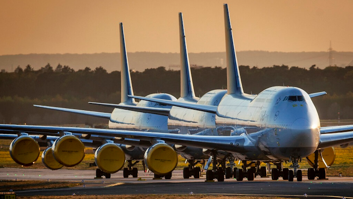 Lufthansa aircraft parked at the airport in Frankfurt, Germany, April 20, 2020.