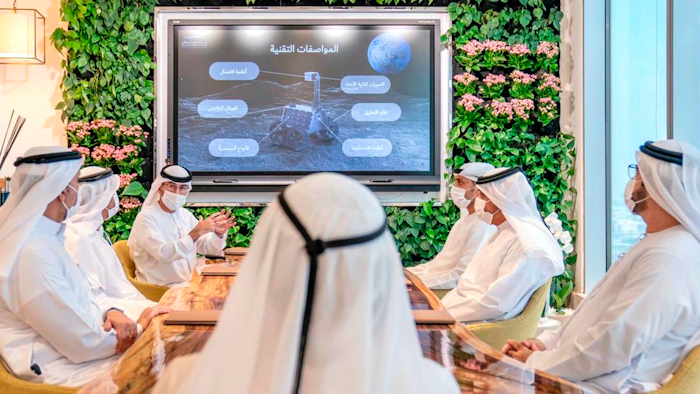 Emirati officials brief Sheikh Mohammed bin Rashid Al Maktoum about a possible moon mission, Sept. 29, 2020, Dubai.