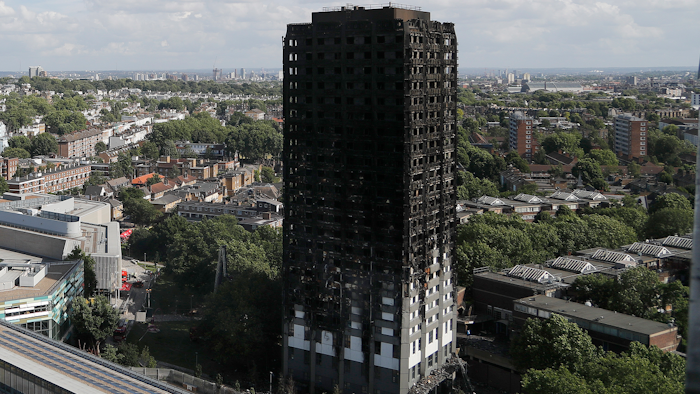 Scorched facade of Grenfell Tower after a fire, west London, June 15, 2017.
