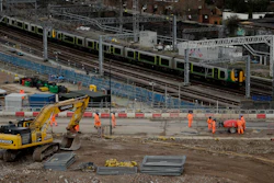 A train passes the construction site of the High Speed 2 rail line at Euston station in London, Feb. 11, 2020.