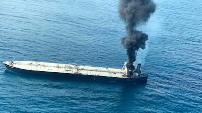 Smoke rising after a fire on a Panama-registered oil tanker east of Sri Lanka, Sept. 3, 2020.