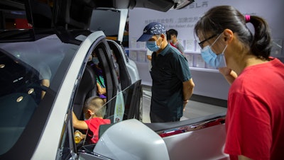 A Tesla vehicle on display at the China International Fair for Trade in Services in Beijing, Sept. 5, 2020.