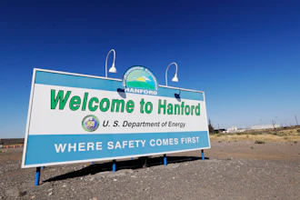 Sign at the Hanford Nuclear Reservation near Richland, Wash., Aug. 13, 2019.