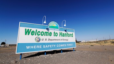 Sign at the Hanford Nuclear Reservation near Richland, Wash., Aug. 13, 2019.
