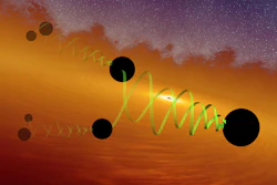 Illustration depicting two black holes of about 66 and 85 solar masses spiraling into each other to form the GW190521 black hole, Sept. 2020.