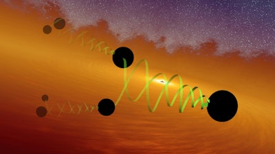 Illustration depicting two black holes of about 66 and 85 solar masses spiraling into each other to form the GW190521 black hole, Sept. 2020.