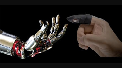 Finger glove with integrated soft skin stretch device, contrasted with a stylized robotic hand.