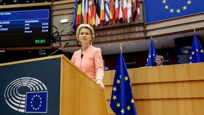 European Commission President Ursula von der Leyen speaks at the European Parliament in Brussels, Sept. 16, 2020.