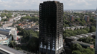 Scorched facade of Grenfell Tower after a fire, west London, June 15, 2017.