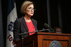 Iowa Gov. Kim Reynolds during a press conference at Iowa PBS in Des Moines, Aug. 27, 2020.