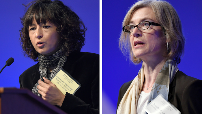 Emmanuelle Charpentier, left, and Jennifer Doudna address the National Academy of Sciences international summit on the safety and ethics of human gene editing in Washington, Dec. 1, 2015.