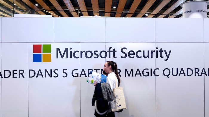 Microsoft stand at the Cybersecurity Conference in Lille, France, Jan. 29, 2020.