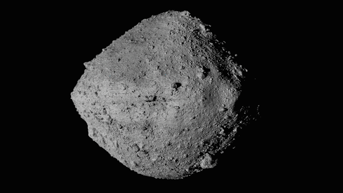 The asteroid Bennu seen from the OSIRIS-REx spacecraft.