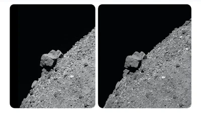 This set of stereoscopic images provides a 3D view of the 170-foot (52-meter) boulder that juts from asteroid Bennu’s southern hemisphere and the rocky slopes that surround it. The image was created by stereo image processing scientists Brian May, who is also the lead guitarist for the rock band Queen, and Claudia Manzoni.