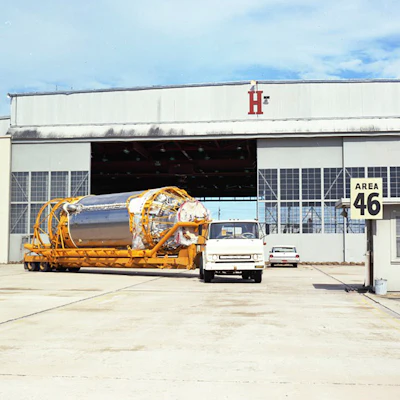 An Atlas Centaur 7 rocket carried by a truck at Cape Canaveral, Fla., Aug. 13, 1965.