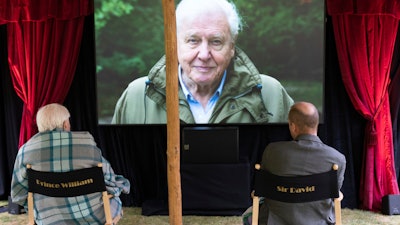 British Naturalist Sir David Attenborough sits with Prince William for a private outdoor screening of his upcoming film, David Attenborough: A Life On Our Planet, at Kensington Palace, London.