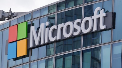 Microsoft logo in Issy-les-Moulineaux, France, April 12, 2016.