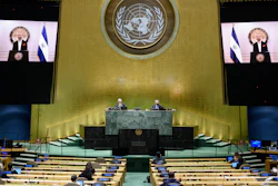 Nayib Armando Bukele, president of El Salvador, is shown on video monitors as he speaks in a pre-recorded video message during the 75th session of the United Nations General Assembly, Sept. 29, 2020.