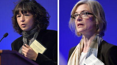 Emmanuelle Charpentier, left, and Jennifer Doudna address the National Academy of Sciences international summit on the safety and ethics of human gene editing in Washington, Dec. 1, 2015.