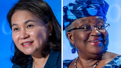 Yoo Myung-hee of Korea, left, and Ngozi Okonjo-Iweala of Nigeria at the WTO headquarters in Geneva, Switzerland, July 2020.