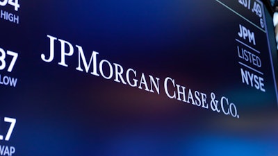 The logo for JPMorgan Chase & Co. above a trading post on the floor of the New York Stock Exchange, Aug. 16, 2019.