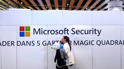 Microsoft stand at the Cybersecurity Conference in Lille, France, Jan. 29, 2020.